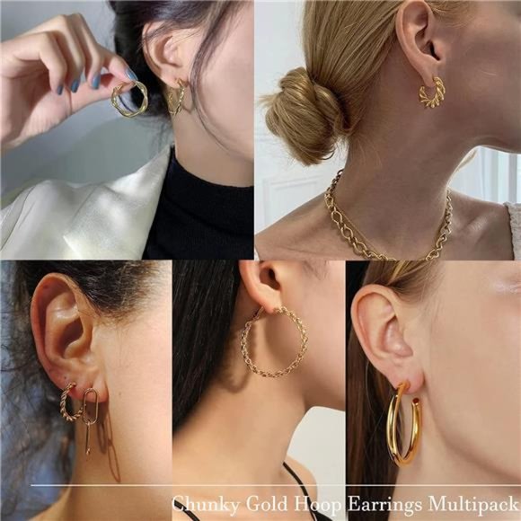 36 Pairs Gold Hoop Earrings Set Women Girls Multipack Hypoallergenic Chunky - Picture 4 of 7